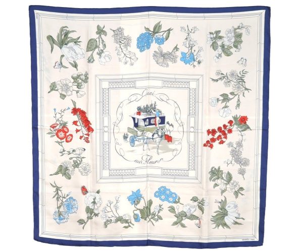 Authentic HERMES Carre 90 Scarf  Quai aux Fleursrn  Silk Navy 5192I on Sale