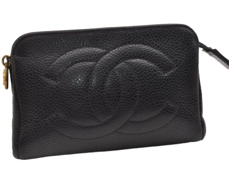 Authentic CHANEL Caviar Skin CC Logo Cosmetic Pouch Purse Black Junk 2610I For Cheap