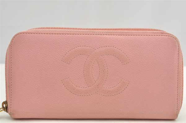 Authentic CHANEL Caviar Skin CoCo Mark Round Zip Long Wallet Purse Pink 2909I Hot on Sale