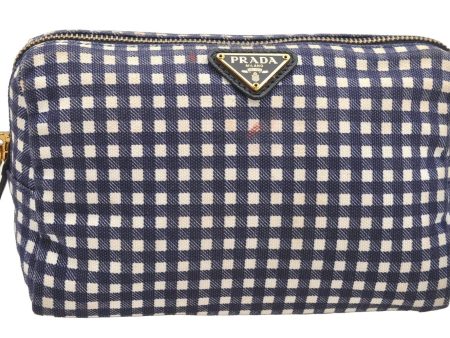 Authentic PRADA Gingham Check Canvas Saffiano Leather Pouch Purse Blue 4107I Hot on Sale