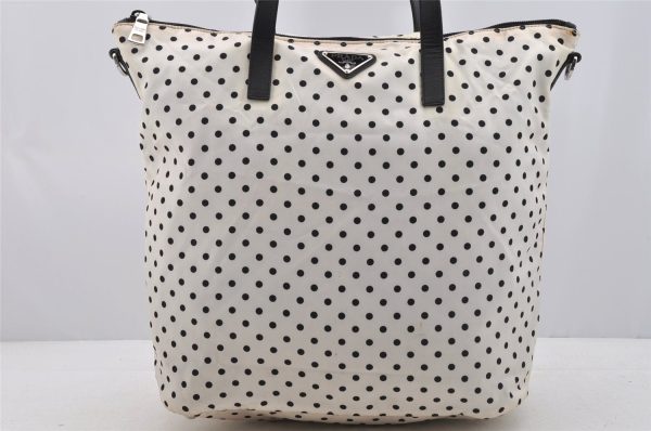 Authentic PRADA Dot Nylon Tessuto Saffiano Leather 2Way Tote Bag White 6606I Discount