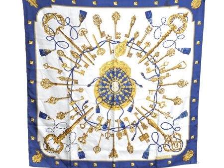 Authentic HERMES Carre 90 Scarf  LES CLES  Silk Blue K5765 For Cheap