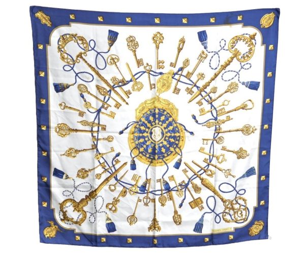 Authentic HERMES Carre 90 Scarf  LES CLES  Silk Blue K5765 For Cheap