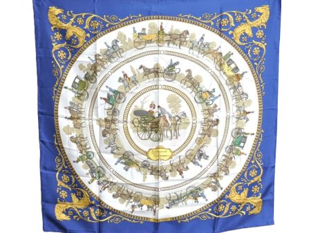 Authentic HERMES Carre 90 Scarf  LA PROMENADE DE LONGCHAMPS  Silk Blue K5803 on Sale