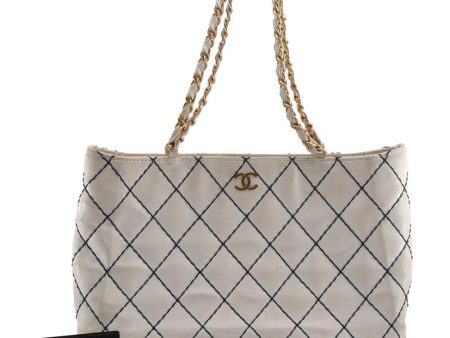 Authentic CHANEL Calf Skin Wild Stitch Shoulder Tote Bag White Navy CC 3149I Fashion