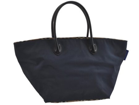 Authentic Burberrys BLUE LABEL Check Hand Tote Bag Nylon Leather Navy Blue 4807I For Discount