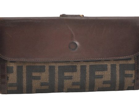 Authentic FENDI Vintage Zucca Long Wallet Purse Canvas Leather Brown Black 4122I For Cheap