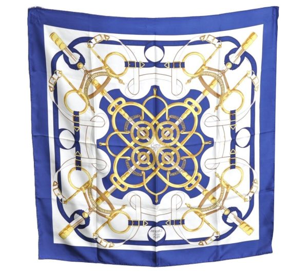 Authentic HERMES Carre 90 Scarf  Eperon d or  Silk Blue K5812 Online now