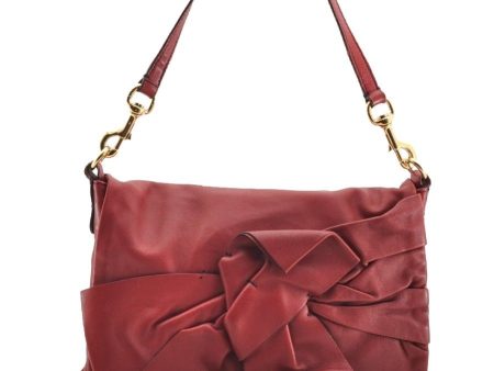 Authentic VALENTINO Garavani Ribbon Shoulder Hand Bag Leather Bordeaux Red 6296I Supply