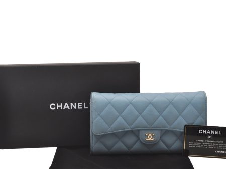 Authentic CHANEL Caviar Skin Matelasse Long Wallet Purse CC Light Blue Box 5902I Online