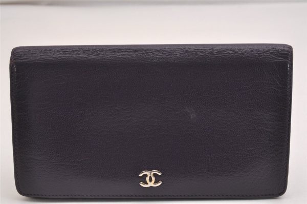 Authentic CHANEL Calf Skin CoCo Mark Long Bifold Wallet Purse Purple 2607I Fashion