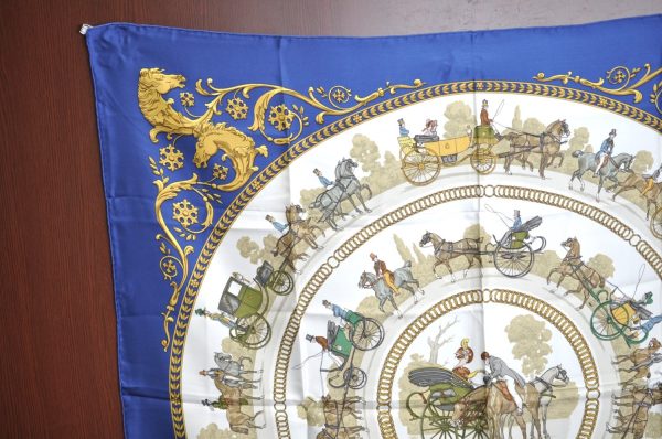 Authentic HERMES Carre 90 Scarf  LA PROMENADE DE LONGCHAMPS  Silk Blue K5803 on Sale