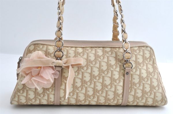 Authentic Christian Dior Trotter Romantic Hand Bag PVC Suede Leather Beige 6240I Discount