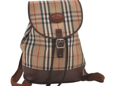 Authentic Burberrys Nova Check Canvas Leather Backpack Drawstring Beige 6634I Fashion