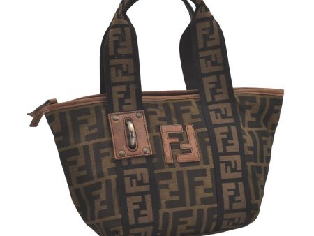 Authentic FENDI Zucca Hand Tote Bag Purse Nylon Leather Brown Black 4572I Online now