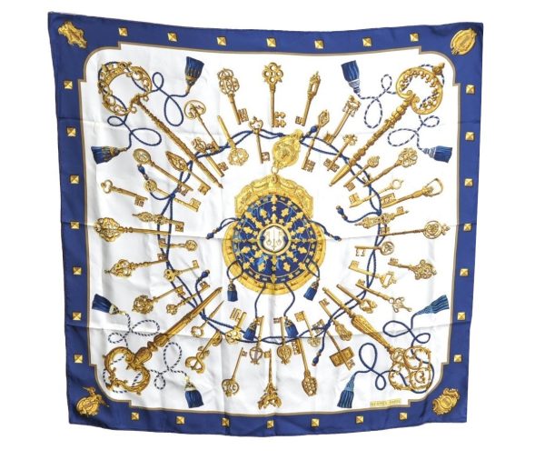 Authentic HERMES Carre 90 Scarf  LES CLES  Silk Navy K5764 Online Hot Sale