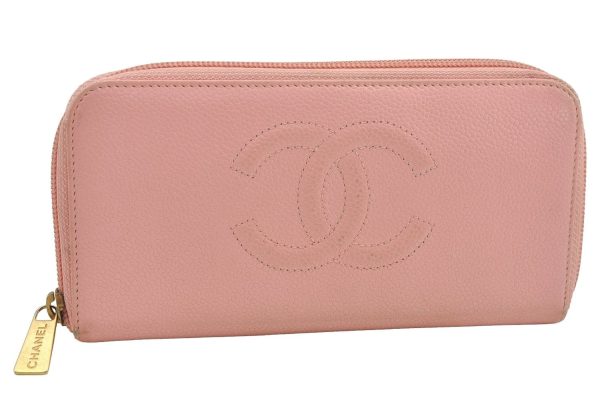 Authentic CHANEL Caviar Skin CoCo Mark Round Zip Long Wallet Purse Pink 2909I Hot on Sale