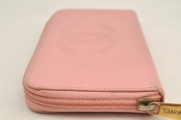 Authentic CHANEL Caviar Skin CoCo Mark Round Zip Long Wallet Purse Pink 2909I Hot on Sale