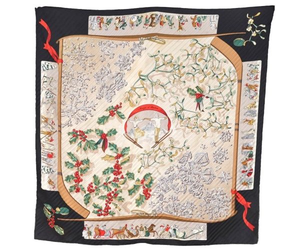 Authentic HERMES Pleats Scarf  Neige d Antan  Silk Black 4805I on Sale