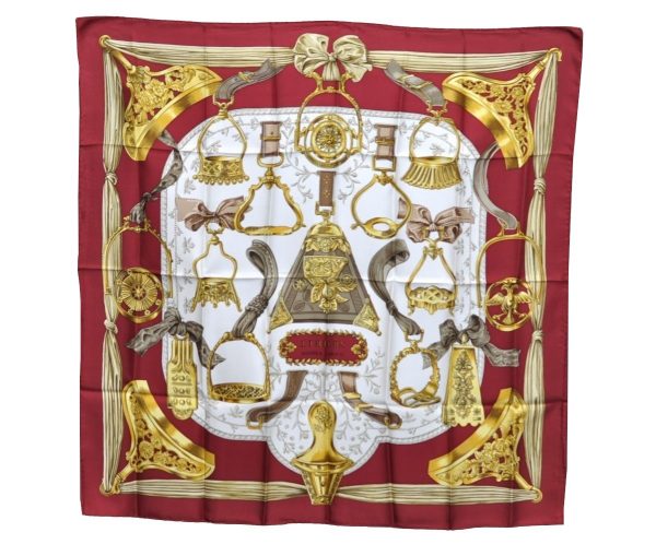 Authentic HERMES Carre 90 Scarf  ETRIERS  Silk Bordeaux Red K5742 Online Sale