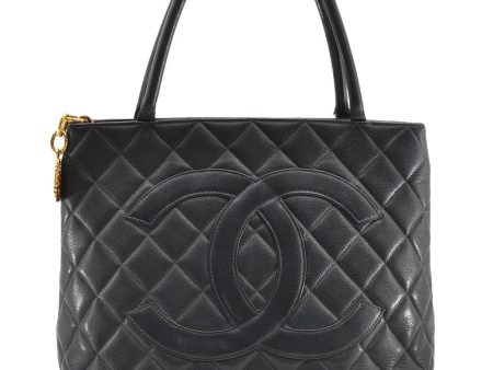 Authentic CHANEL Caviar Skin Medallion CC Logo Shoulder Tote Bag Black 5731I Supply