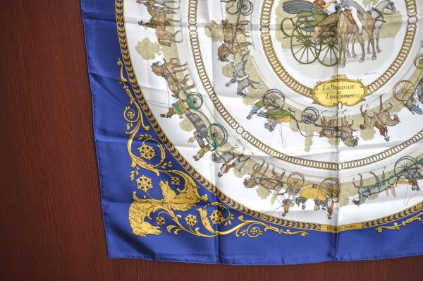 Authentic HERMES Carre 90 Scarf  LA PROMENADE DE LONGCHAMPS  Silk Blue K5803 on Sale