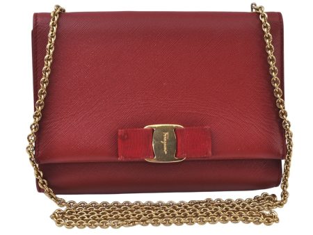 Authentic Salvatore Ferragamo Vara Ribbon Leather Chain Shoulder Bag Red 6642I For Sale