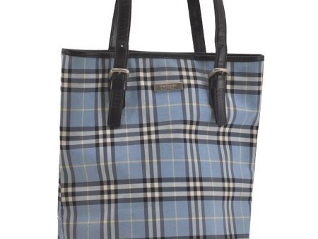 Authentic Burberrys BLUE LABEL Check Tote Bag Nylon Leather Light Blue 2285I Online Sale