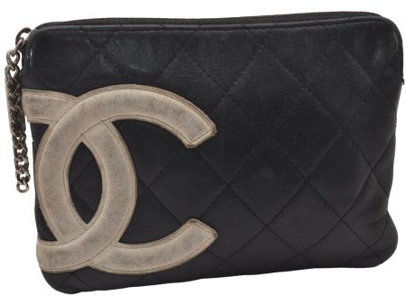 Authentic CHANEL Cambon Line Quilted CC Logo Calf Skin Pouch Black 2912I Discount