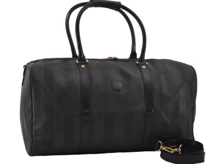 Authentic FENDI Pequin Pattern PVC Leather 2Way Travel Boston Bag Black 0661I Online Hot Sale