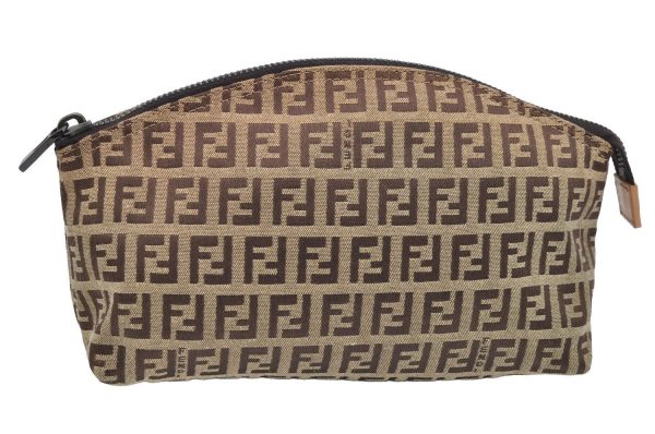 Authentic FENDI Zucchino Cosmetic Pouch Purse Canvas Leather Brown 2464I Cheap