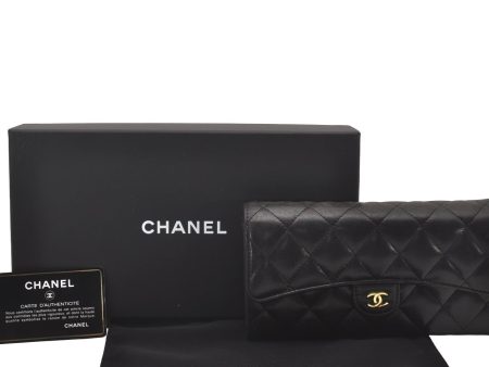 Authentic CHANEL Lamb Skin Matelasse Long Wallet Purse Black CC Box 0904I Online