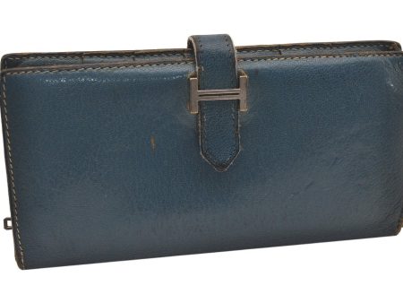 Authentic HERMES Bearn Classic Leather Long Wallet Purse Blue 1041I For Discount