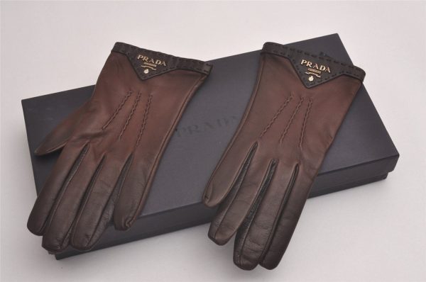 Authentic PRADA Vintage Leather Nappa Glove Size 7 Brown Box 1402I For Cheap