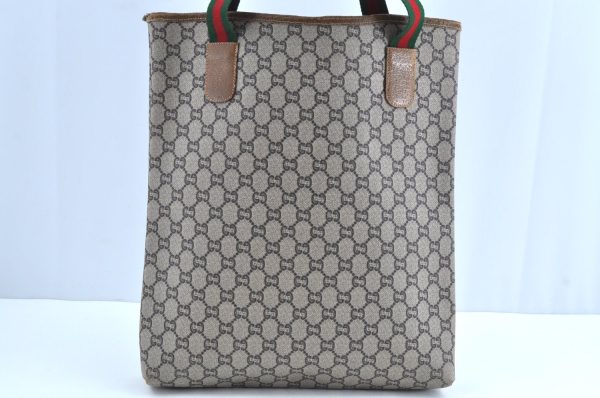 Auth GUCCI Web Sherry Line GG Plus Shoulder Tote Bag PVC Leather Brown K1875 Online Hot Sale