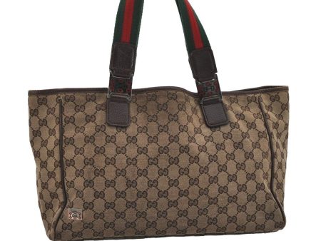 Auth GUCCI Web Sherry Line Tote Bag GG Canvas Leather 145758 Brown Junk 1097I Online