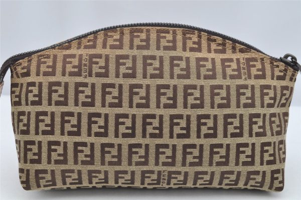 Authentic FENDI Zucchino Cosmetic Pouch Purse Canvas Leather Brown 2464I Cheap