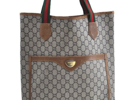 Auth GUCCI Web Sherry Line GG Plus Shoulder Tote Bag PVC Leather Brown K1896 For Sale