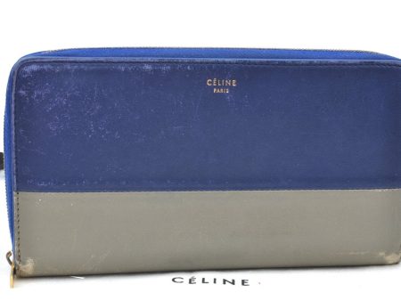 Authentic CELINE Large Zipped Wallet Long Wallet Purse Leather Blue Gray K4109 Discount