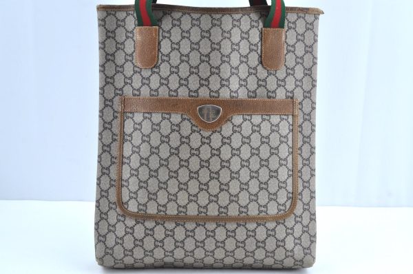 Auth GUCCI Web Sherry Line GG Plus Shoulder Tote Bag PVC Leather Brown K1875 Online Hot Sale